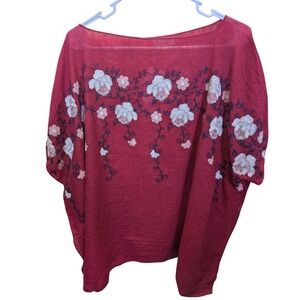 NWT Tamsy Floral Embroidered Poncho Top Womens Burgundy Red Boho Boat Neck